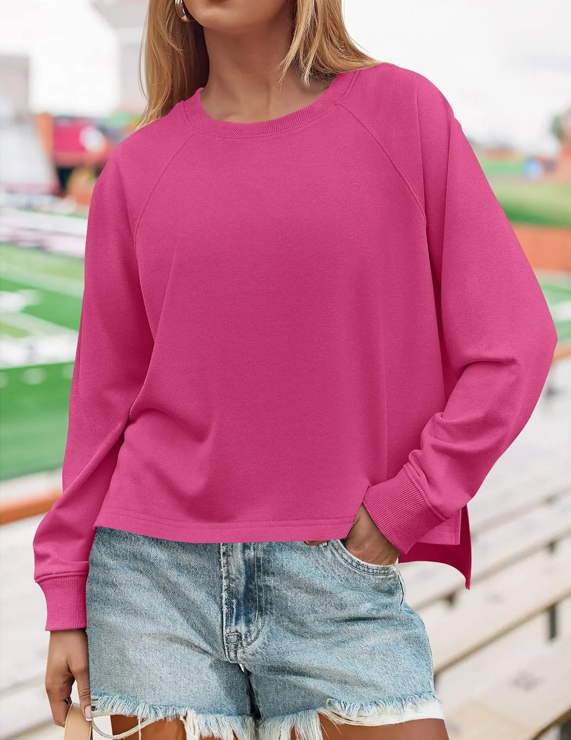 ZESICA Womens Causal Long Sleeve Lightweight Sweatshirts Crewneck Side Slit Loose Shirts Basic Fall Tops