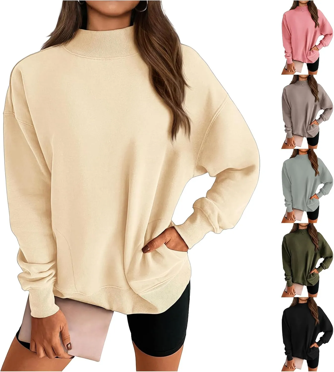 ZWRXW Womens Oversized Turtleneck Sweatshirts Casual Long Sleeve Solid Pullover Fall Fashion Comfy Sweaters with Pockets